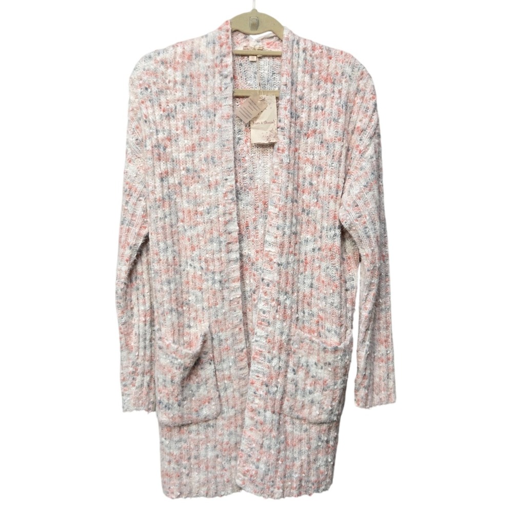 Hem & Thread Cardigan Sweater Small Speckled Pastel Boucle Knit Open‎ Front Cozy